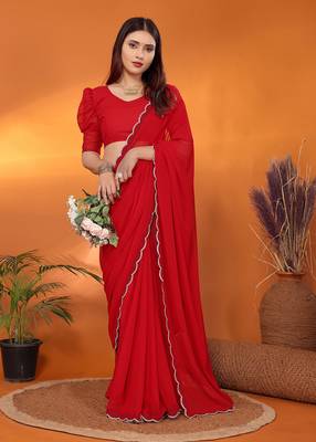 Pure georgette red beads and stones saree with blouse piece 1