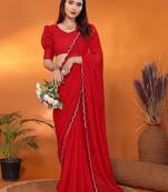 Pure georgette red beads and stones saree with blouse piece