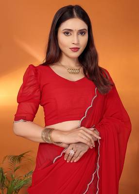 Pure georgette red beads and stones saree with blouse piece 3