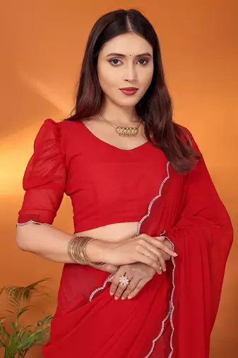 Pure georgette red beads and stones saree with blouse piece