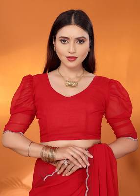 Pure georgette red beads and stones saree with blouse piece 5