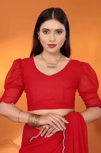 Pure georgette red beads and stones saree with blouse piece