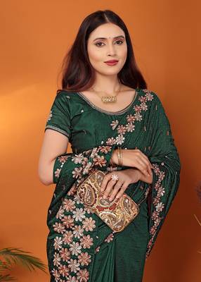 Silk blend bottle green embroidered saree with blouse piece 2