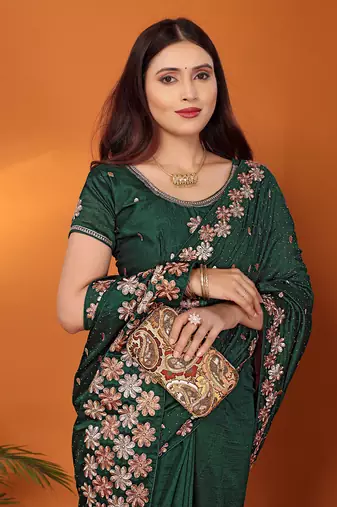 Silk blend bottle green embroidered saree with blouse piece