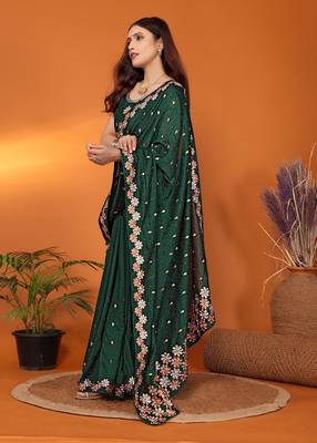 Silk blend bottle green embroidered saree with blouse piece 3