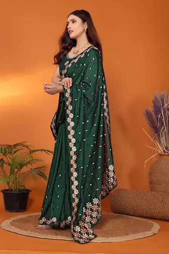 Silk blend bottle green embroidered saree with blouse piece