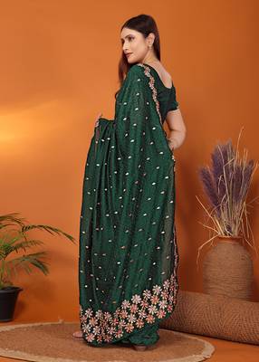 Silk blend bottle green embroidered saree with blouse piece 4