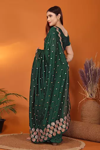 Silk blend bottle green embroidered saree with blouse piece