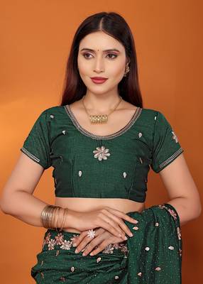 Silk blend bottle green embroidered saree with blouse piece 5