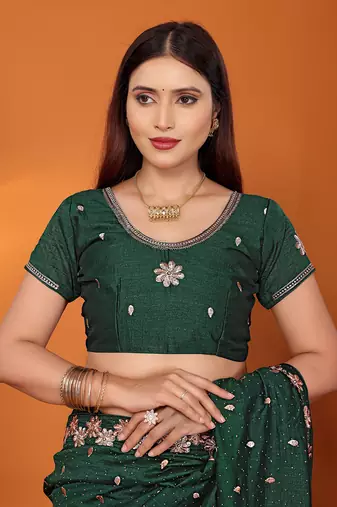 Silk blend bottle green embroidered saree with blouse piece