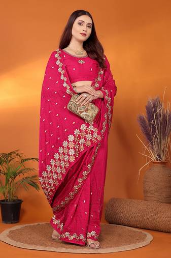 Silk blend rani embroidered saree with blouse piece
