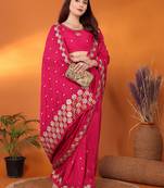 Silk blend rani embroidered saree with blouse piece