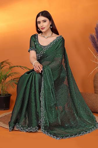 Silk blend bottle-green beads and stones saree with blouse piece