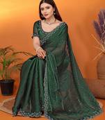 Silk blend bottle-green beads and stones saree with blouse piece
