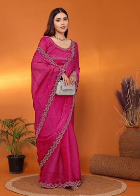 Silk blend pink beads and stones saree with blouse piece 1
