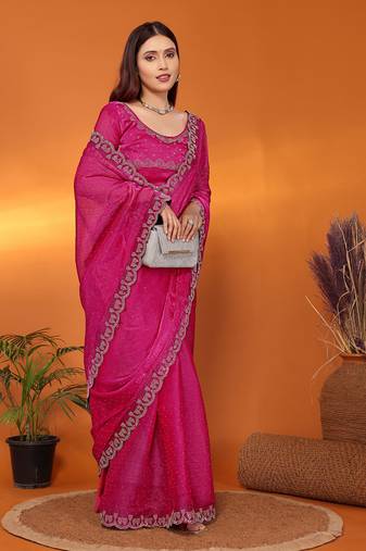 Silk blend pink beads and stones saree with blouse piece