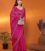 Silk blend pink beads and stones saree with blouse piece