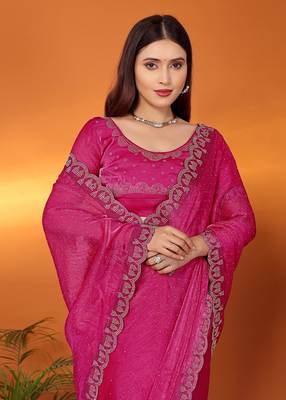 Silk blend pink beads and stones saree with blouse piece 2