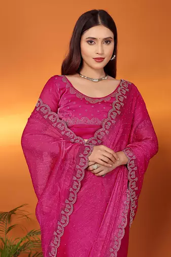 Silk blend pink beads and stones saree with blouse piece