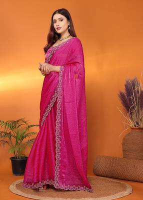 Silk blend pink beads and stones saree with blouse piece 3