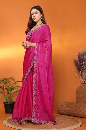 Silk blend pink beads and stones saree with blouse piece