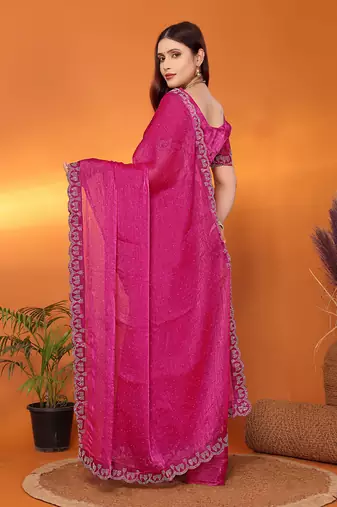 Silk blend pink beads and stones saree with blouse piece