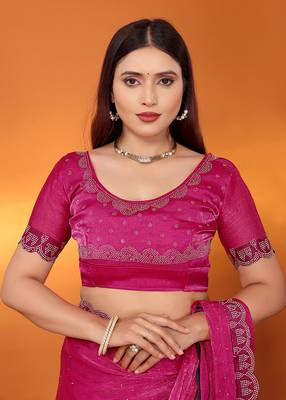 Silk blend pink beads and stones saree with blouse piece 5