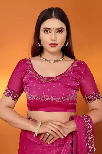 Silk blend pink beads and stones saree with blouse piece