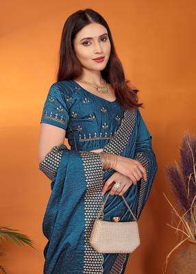 Silk blend teal embroidered saree with blouse piece 1