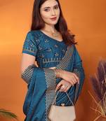 Silk blend teal embroidered saree with blouse piece