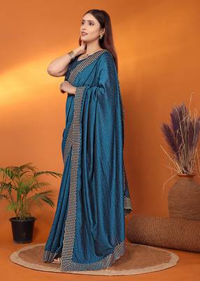 Silk blend teal embroidered saree with blouse piece 2