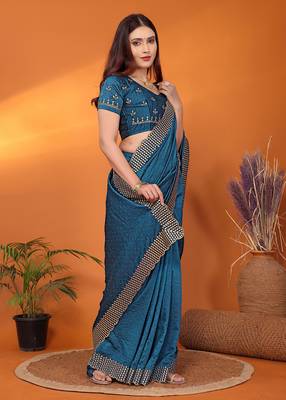 Silk blend teal embroidered saree with blouse piece 3