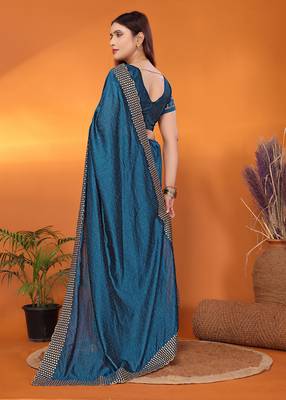 Silk blend teal embroidered saree with blouse piece 4