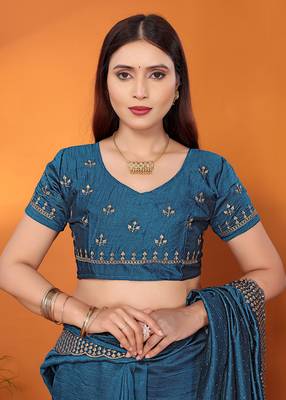 Silk blend teal embroidered saree with blouse piece 5