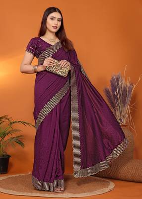 Silk blend wine embroidered saree with blouse piece 1