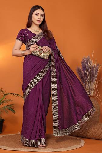 Silk blend wine embroidered saree with blouse piece