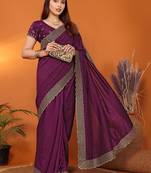 Silk blend wine embroidered saree with blouse piece