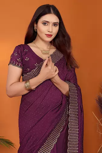 Silk blend wine embroidered saree with blouse piece