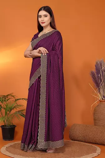 Silk blend wine embroidered saree with blouse piece