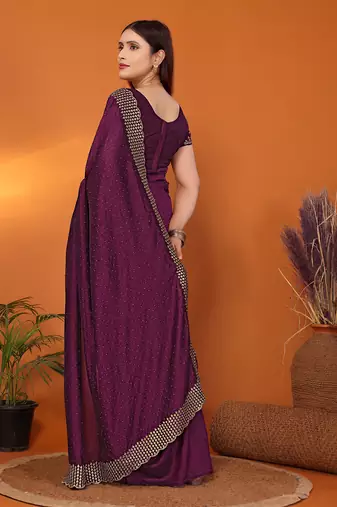 Silk blend wine embroidered saree with blouse piece