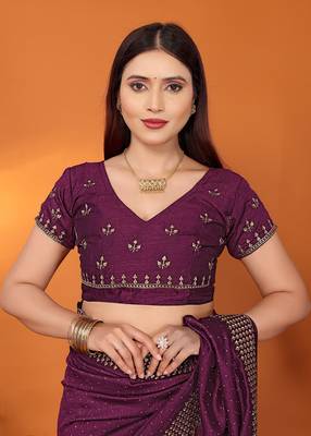 Silk blend wine embroidered saree with blouse piece 5