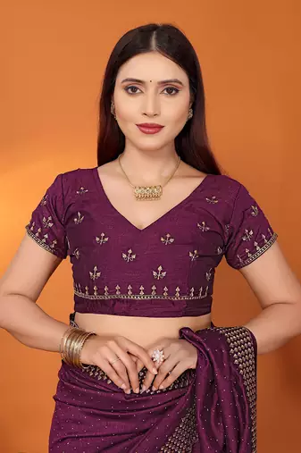 Silk blend wine embroidered saree with blouse piece