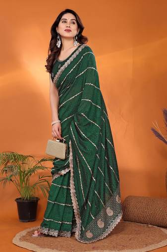 Silk blend bottle green embroidered saree with blouse piece