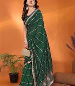 Silk blend bottle green embroidered saree with blouse piece