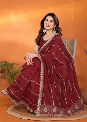 Silk blend maroon embroidered saree with blouse piece 1