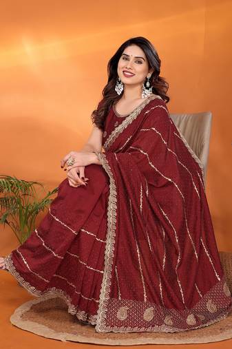 Silk blend maroon embroidered saree with blouse piece
