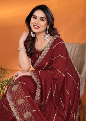 Silk blend maroon embroidered saree with blouse piece 2