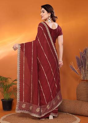 Silk blend maroon embroidered saree with blouse piece 4