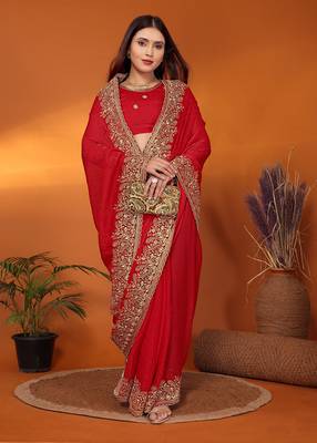 Silk blend red embroidered saree with blouse piece 1