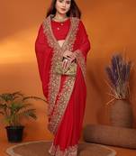 Silk blend red embroidered saree with blouse piece